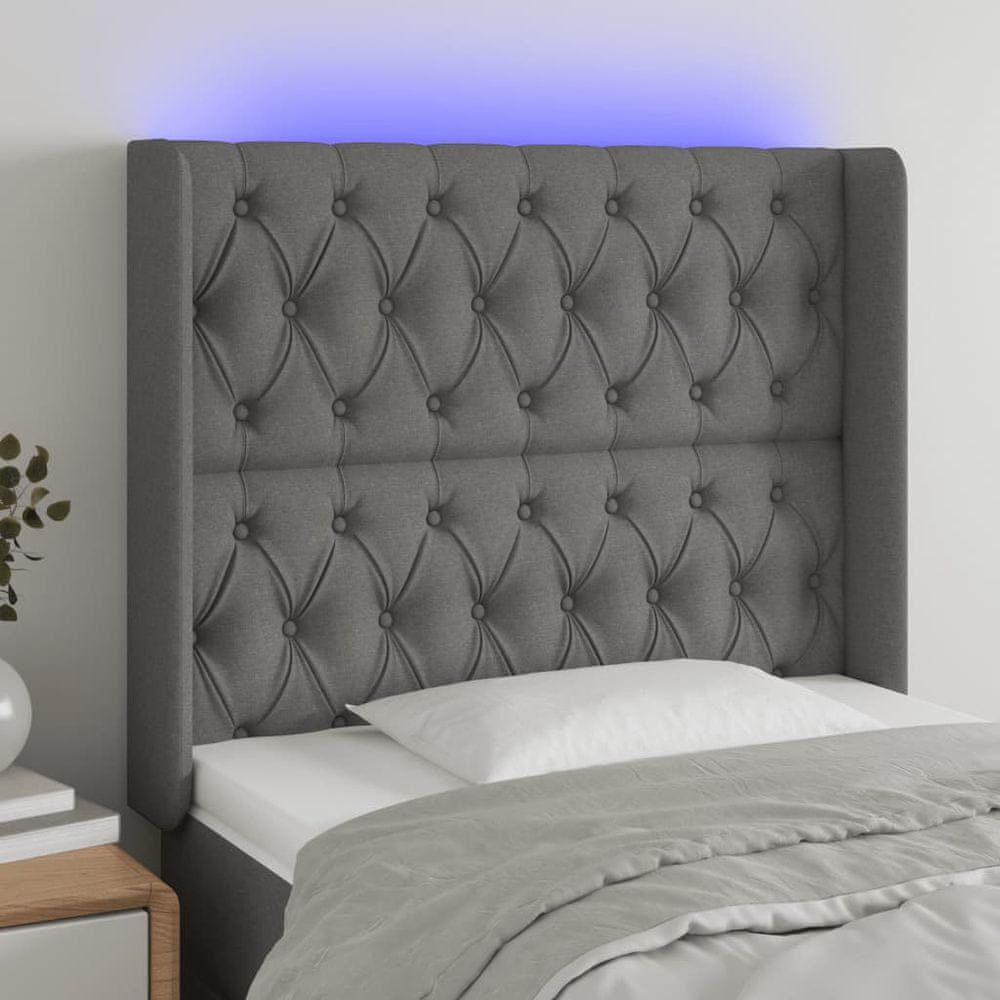 Vidaxl Čelo postele s LED tmavosivé 103x16x118/128 cm látka